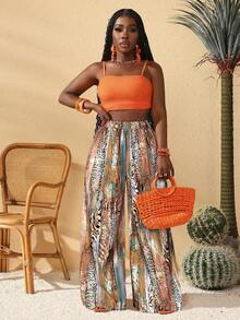 SHEIN PETITE CURVE Plus Size Casual All-Over Print Loose Pants, Suitable For Vacation - Brown - View 4