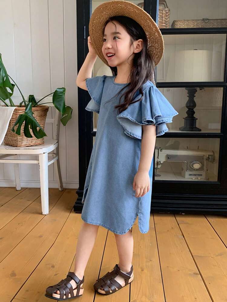 Young Girls' Solid Color Round Neck Ruffle Hem Casual Loose Denim Dress, Summer