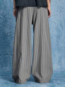 ROMWE MEN Street Life Men's Striped Straight Leg Loose Casual Suit Pants - smoke gray - View 3