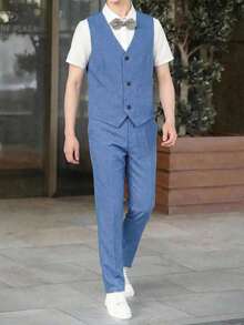 SHEIN 3pcs Tween Boy Structured Vest, Short Sleeve Shirt, And Pants Set - Blue - View 6