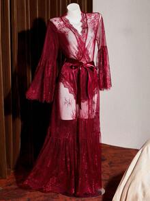 SHEIN 1 Set Women Flare Sleeve Lace Long Robe + Faux Silk Lace Trim Sexy Shorts, 2pcs Sleepwear Set - Burgundy - View 4