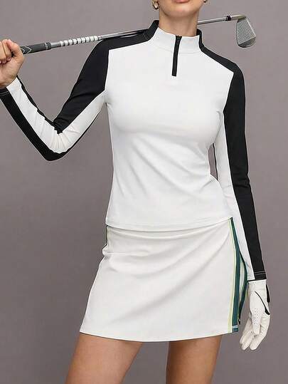 CourtClass Women's Contrast Color Long Sleeve Zipper Collar Golf Polo Shirt
