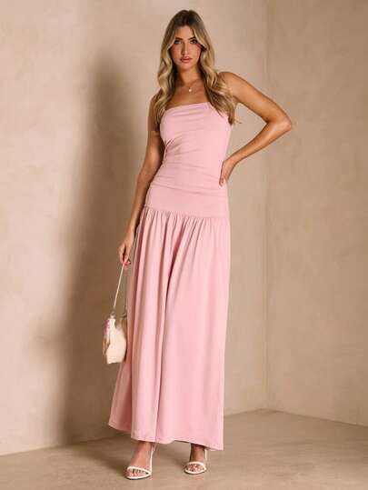 Enchnt Spring/Summer Romantic Women's Pink Strapless Spaghetti Strap Maxi Dress, Sexy & Elegant Open Shoulder Dress,Sweet&Elegant For Vacation&Date&Holiday&Going Out,Spring Outfit Women