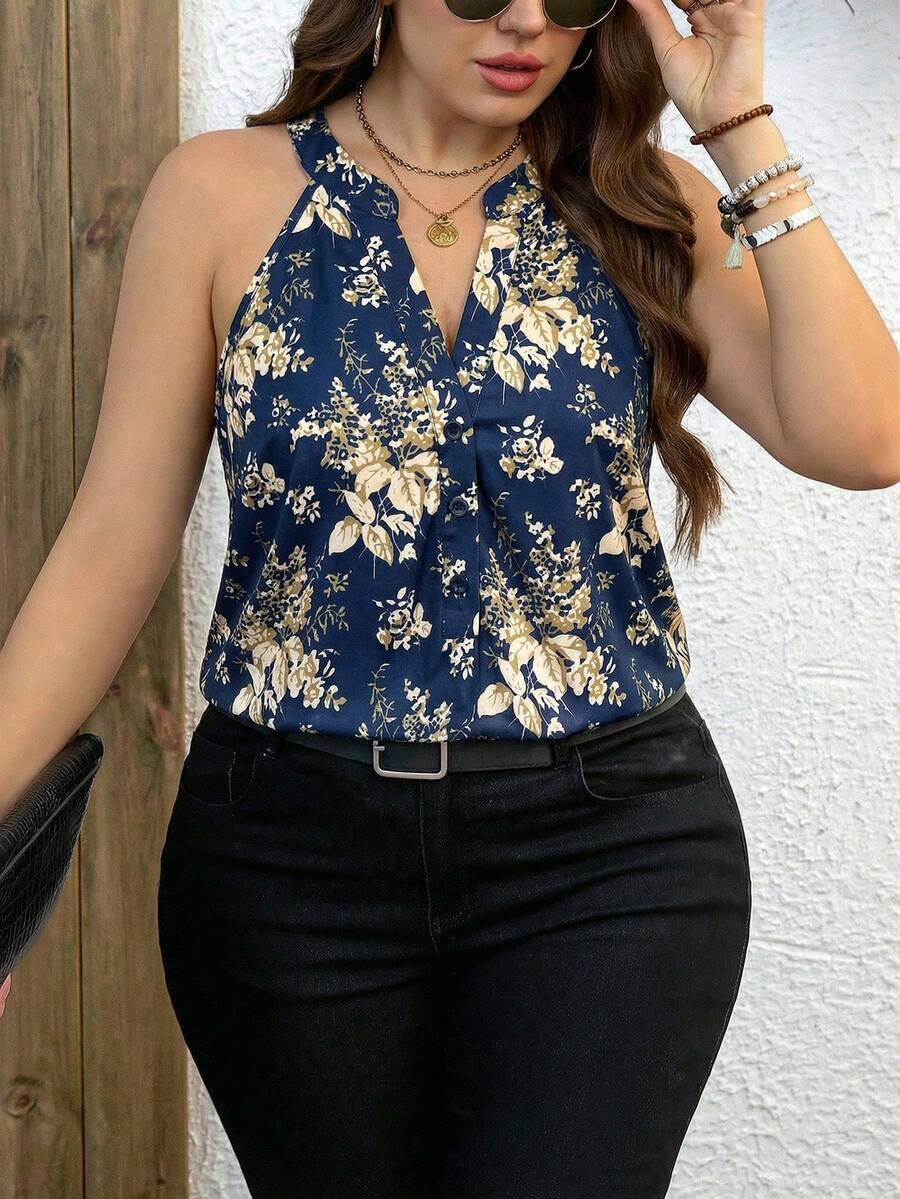 SHEIN LUNE 大码女装时尚休闲露肩印花衬衫蓝色碎花上衣藏青色上衣深蓝色上衣蓝色夏季上衣宝蓝色上衣女装，夏季上衣精品女装吊带碎花上衣无袖女装女装夏季服装 - 藏蓝色 - 查看 1