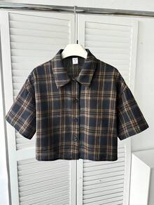 SHEIN 青少年女孩休閒基礎簡約學院風翻領梭織格紋寬鬆落肩短袖鈕扣襯衫 皇家藍 - 寶藍色 - 查看 4