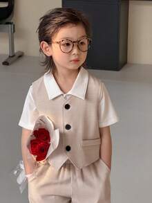 DAZY 男童单排扣背心上衣搭配松紧腰阔腿裤时尚套装，适合演出、主持、派对等多种场合。 - 卡其色 - 查看 5