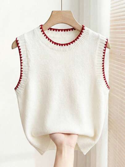 GlowEve CURVE Nuevo chaleco de punto holgado para mujer con cuello redondo, con recorte a ganchillo en contraste de color vino tinto, en estilo patchwork beige versátil y sencillo para uso diario, ideal para la temporada de principios de primavera