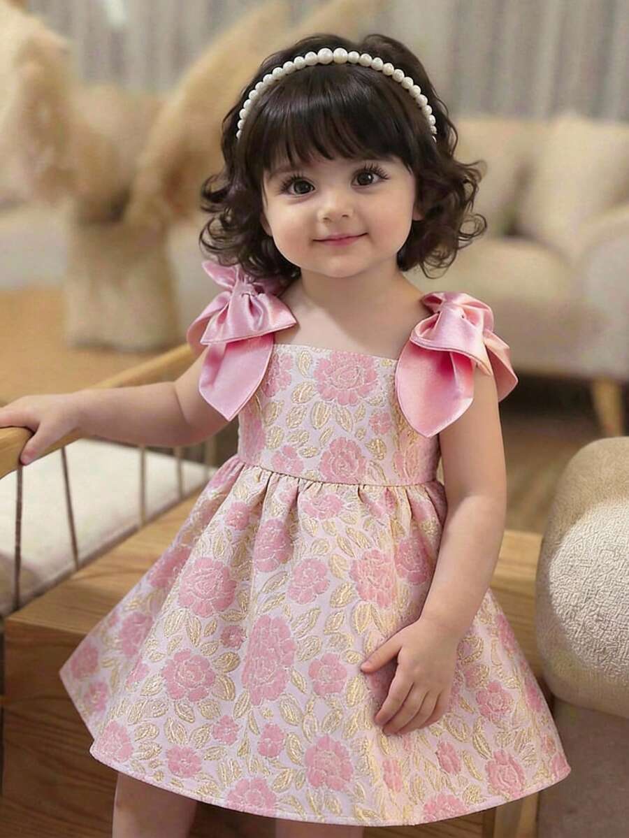 SHEIN Baby Girl Ditsy Floral Bow Strap Princess Chiffon Dress - Multicolor - View 1