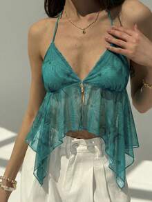 Aloruh Nueva blusa corta con estampado floral tropical naranja, de escote profundo en V y espalda descubierta, adecuada para salir, la playa y vacaciones - Verde Oscuro - Ver 1