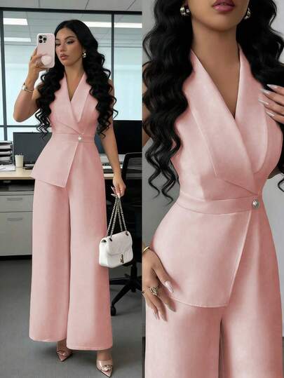 Elenzga Mono elegante y profesional de unicolor albaricoque con diseño de blazer de cuello en V, cinturón de cintura, adecuado para el trabajo, reuniones, maestros, escuela, Día de San Valentín, Día del Trabajo, Pascua, viajes, estilo casual de calle, primavera/verano