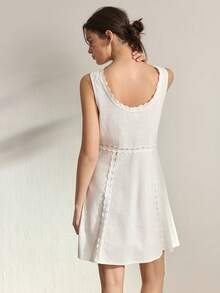Ocili 100% Cotton Embroidered Floral Trim Sleeveless Short Dress With Front Opening, Comfortable Nightgown For Women - White - View 3