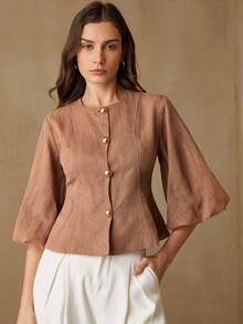 Aveloria Rosie Fashionable Design Sense Casual Mandarin Collar Puff Sleeve Vest Jacket - Brown - View 4
