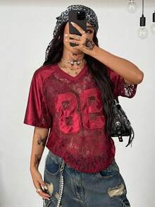 Coolane 男女夏季街头情侣同款Y2K辣妹风仙女风比赛日撞色蕾丝数字图案拼接超大款针织T恤 - 紅色 - 查看 5