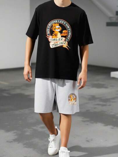 SHEIN 2pcs/Set Teen Boys Cartoon Print Black Crew Neck T-Shirt And Gray Shorts Set, Casual, Comfortable, Versatile, Suitable For Daily Wear, School, Outings, Outdoor Activities, Music Festivals, Spring/Summer