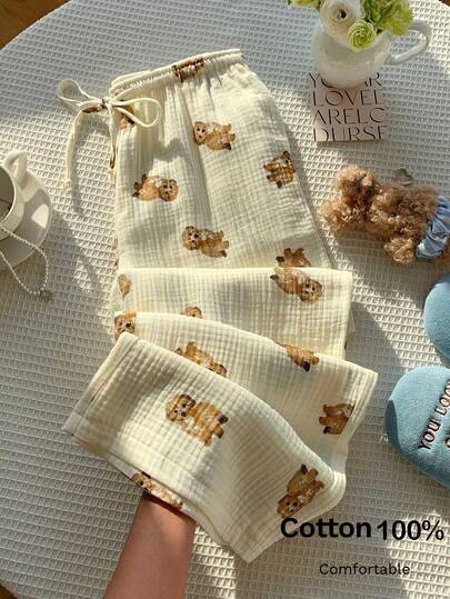 Comfortcana Pantalones casuales sueltos con cordón de cintura y estampado de oso de dibujos animados para mujer