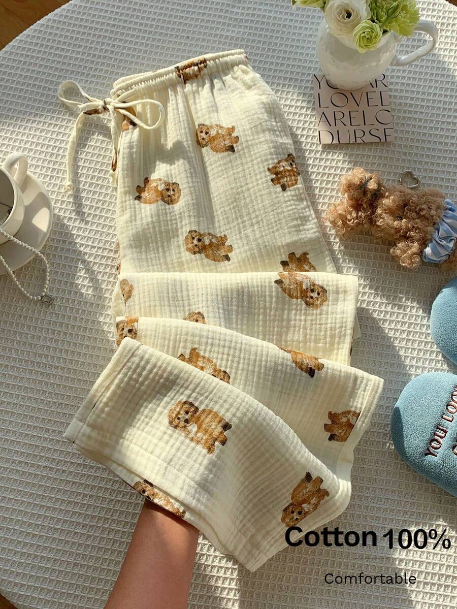 Comfortcana 女士卡通熊印花抽绳腰宽松休闲裤，夏季女装 - 彩色 - 查看 1