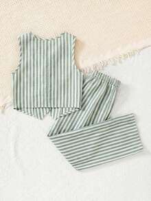 SHEIN 少女休闲度假条纹背心和阔腿裤两件套 - 薄荷綠 - 查看 7