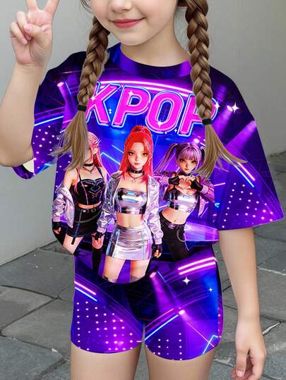 SHEIN Lila tonat ung tjej casual minimalistiska kortärmade shorts 2-delat set, lämplig för sommaren, hippiestil musikfestival, amerikansk retro söt, campusvibe, internetsnygg, gatuatmosfär, casual campussportstil, utomhuspicknick, utflykter, gatufotografi, hem, campus, chill chill