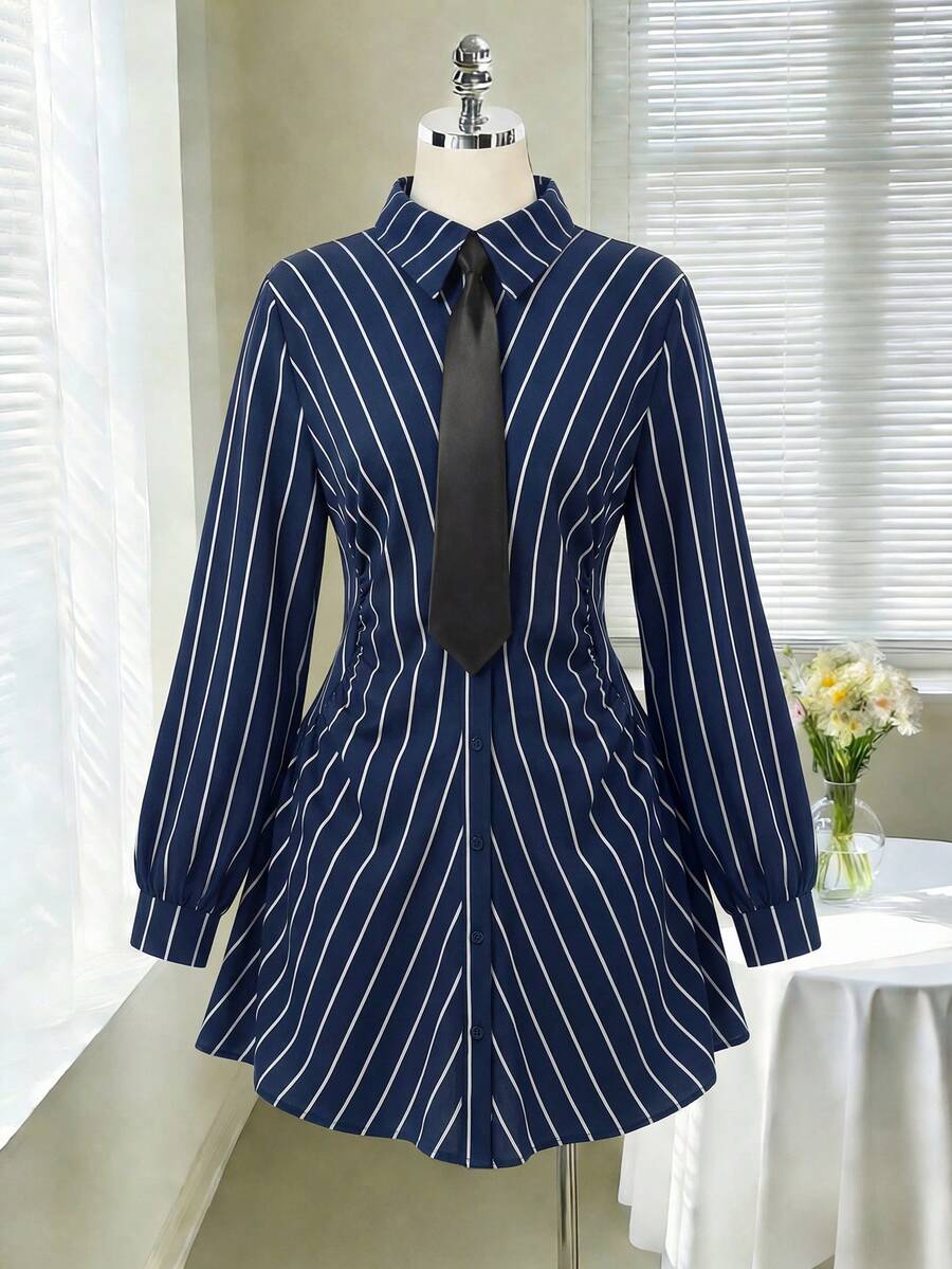 Elenzga Plus Size Elegant Striped Waist Ruched Shirt Dress - Navy Blue - View 1