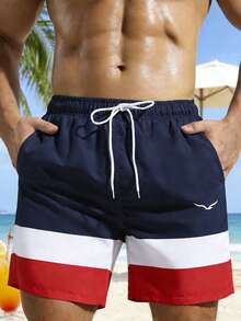 Manfinity Swimmode 男士休闲撞色条纹沙滩短裤 - 藏蓝色 - 查看 1