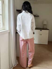 DAZY 纯色宽松上衣和格子睡裤女士睡衣套装 - 白色 - 查看 2