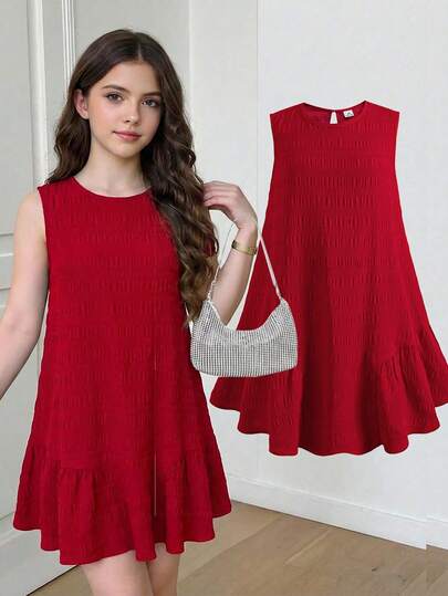 SHEIN 少女纯色圆领褶皱休闲度假派对连衣裙