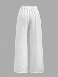 SHEIN 少女日常穿搭休闲基本款松紧腰白色阔腿裤，适合返校季 - 白色 - 查看 3