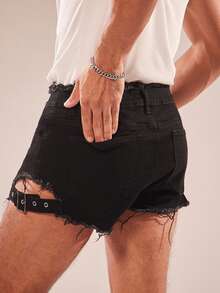 FeverCity Men's Distressed Pocket Denim Washed Elastic Loose Shorts - Black - View 7