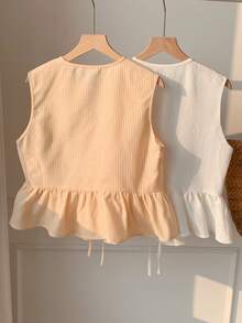 CovetEZ Women's Round Neck Tie Front Ruffle Hem Sleeveless Blouse - Yellow - View 2