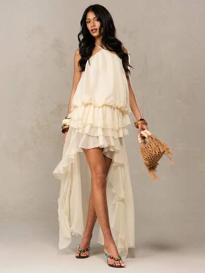 SHEIN BAE Falda larga con volantes y bajo asimétrico en color albaricoque, elegante, adecuada para vacaciones, festivales de música, vacaciones en la playa, Ibiza