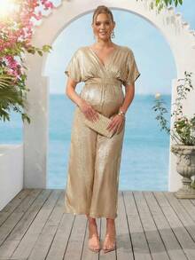 Loomaby Pregnant Women's Metallic V-Neck Batwing Short Sleeve Jumpsuit Dress Gender Reveal Dress Maternity Dress Baby Shower Dress - Gold - View 9