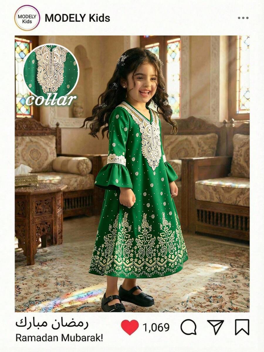 Young Girls Sage Green Autumn Elegant Traditional Wedding Dress,Gold Beaded Floral Trim Long Sleeve V Neck A Line Flared Hem Retro Party Kid Dress - Dark Green - View 1