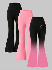 SHEIN ChillGRL 3pcs/Set Tween Girls' Fashionable Black To Pink Ombre Skinny Flare Pants, Versatile Casual Wear For Spring, Summer And Autumn - Multicolor - View 4