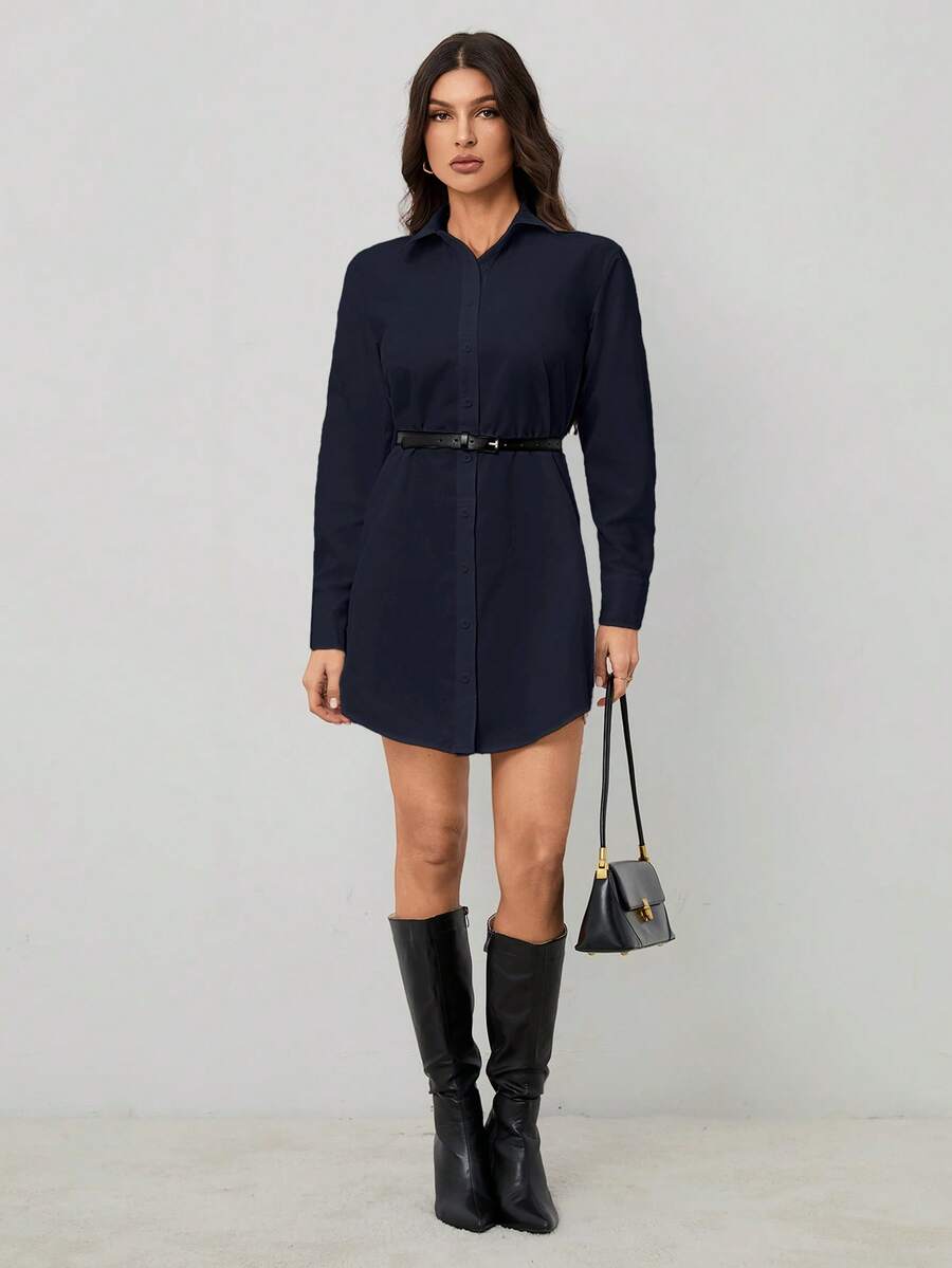 SHEIN Tall White Shirt Style Work Dress For Women, Spring - Navy Blue - View 1