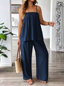 Roveilla 大码女士亚麻混纺休闲连体裤，宽松无袖连身裤，适合通勤、度假、海滩、春夏穿着。女士度假套装，夏季裤装套装，两件套，舒适两件套，女士两件套西装。 - 藏蓝色 - 查看 5