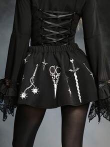 ROMWE Goth Saia evasê com estampa de martelo meteoro, espada, corrente e garfo em estilo gótico para mulheres. - Preto - Ver 3