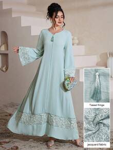 SHEIN Najma Đầm dài tay dáng xòe kiểu Ả Rập dành cho nữ, phối vải jacquard. - màu xanh lá - Xem 5
