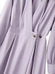 GlowEve CURVE 大码女式休闲纯色翻领灯笼袖纽扣褶裥腰部A字连衣裙 - 淺灰紫 - 查看 5