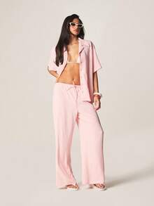 MISSGUIDED Relaxed Fit Linen Feel Look Wide Leg Beach Cover Up Trousers With Drawstring Waist And Side Pockets For Summer Vacation - Pink - View 3