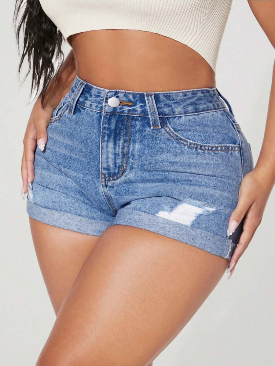 Rivivi Plus Size Summer Casual Washed Distressed Slim Fit Denim Shorts - Blue - View 1