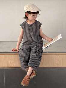 DAZY Conjunto informal de camisa de rayas y pantalones para niño en verano - Gris Oscuro - Ver 7