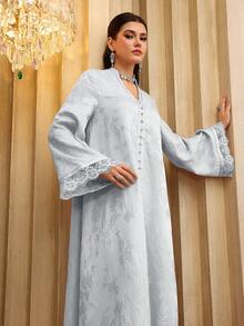 SHEIN Najma 女士V领优雅提花缎带蕾丝拼接长袖喇叭连衣裙 - 藍色 - 查看 7
