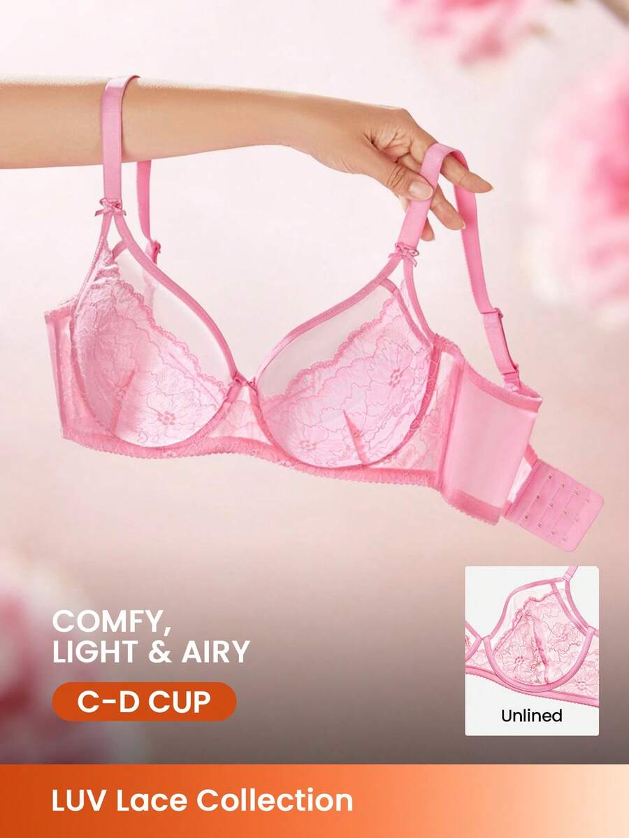 LUVLETTE Woman Pink Lingerie Full Coverage Side Support&Breathable Underwire Sexy Unlined Lace & Mesh Sheer Minimizer Bra - Pink - View 1