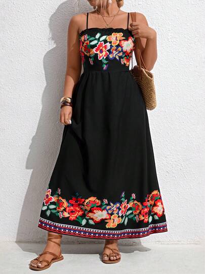 Breezaya Plus Size Women Floral Print A-Line Spaghetti Strap Dress, Vacation Dress