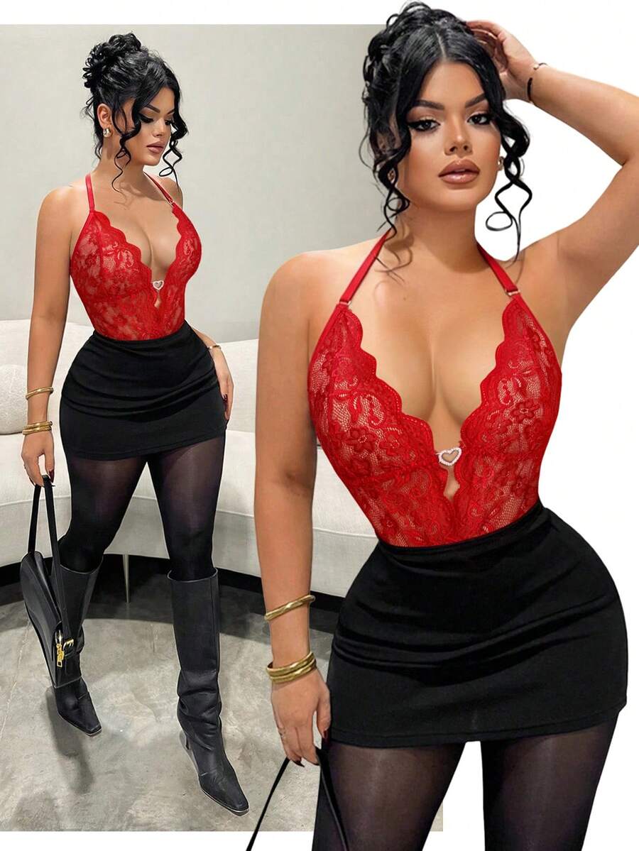 SHEIN SXY 时尚露背蕾丝性感透视连体衣 - 紅色 - 查看 1