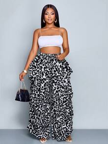 SOLERSUN 大码豹纹褶裥抽绳腰休闲宽松阔腿裤，女士直筒休闲裤，宽松豹纹裤，豹纹裤，文艺复兴集市，酒红色，秋季服装，棕色裤子 - 黑與白 - 查看 5