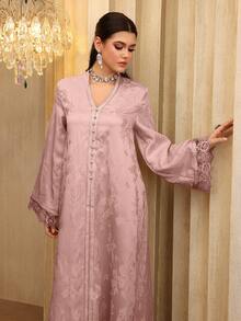 SHEIN Najma Gaun Wanita Elegan Berkerah V dengan Patchwork Pita Jacquard dan Renda Lengan Panjang Model Mengembang - Berwarna merah muda - View 3