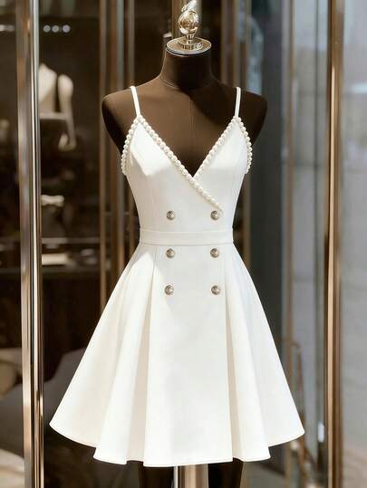 Franclia 白色缎面珍珠装饰吊带V领连衣裙，双排扣腰部褶裥A字迷你裙，优雅派对鸡尾酒礼服，修身吊带连衣裙，法式别致光泽设计小众正式礼服