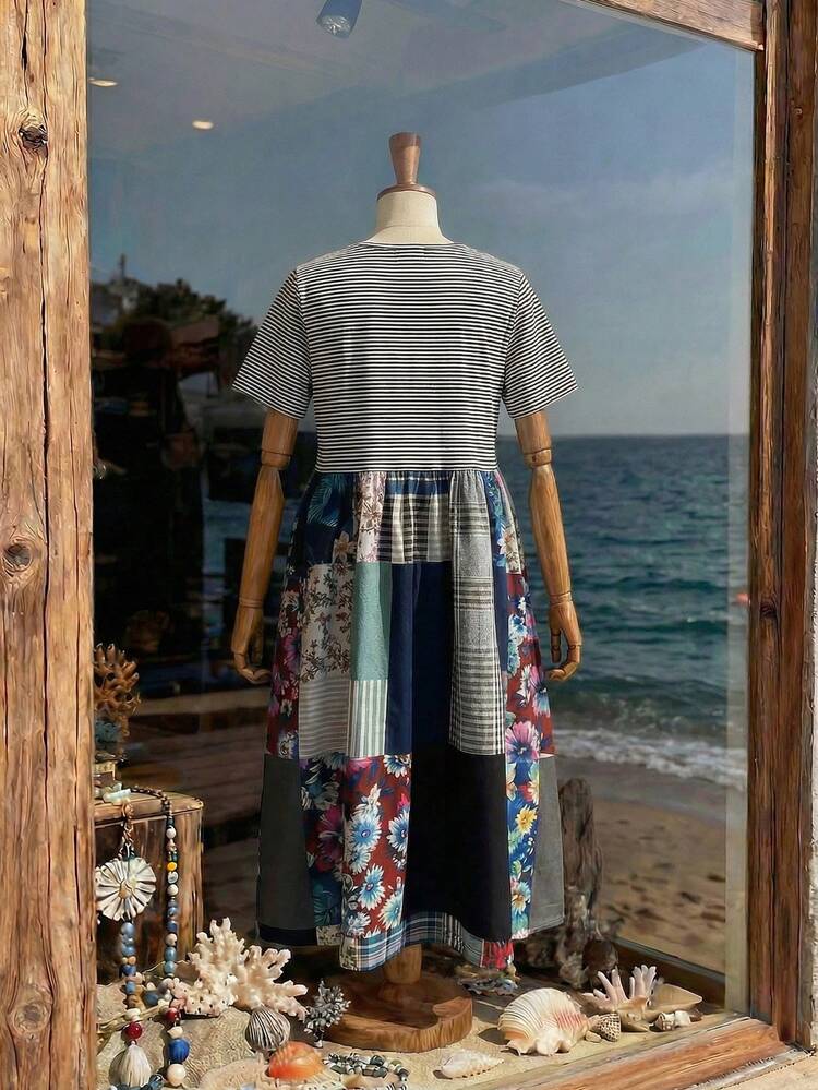 Plus Size Casual Striped Patchwork Print Dress\Summer\Vacation  Summer Dress  Summer Outfits Summer Clothes Spring Dress Spring Outfit Women Spring Clothing Country Style For Women Country Dress For Women Beach Dresses  Beach Outfits For Women  Beach Vacation Outfits For Women Seaside Retro Mannequin Window Display