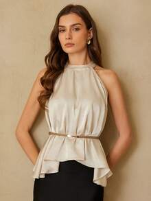 Aveloria EMERY ROSE Satin Textured Fabric, Waist Belt Decor, Elegant & Fashionable High-End Sleeveless Blouse For Women - Apricot - View 1